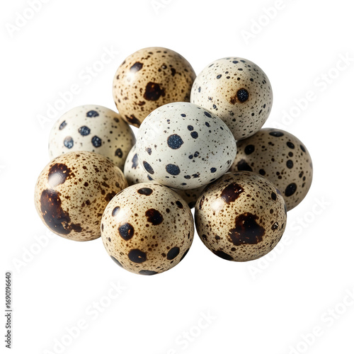Photo of a pile of small, speckled quail eggs, isolated on transparent background