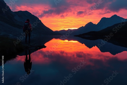 A hiker silhouetted against a vibrant sunset reflecting in a still lake, surrounded by majestic mountains.