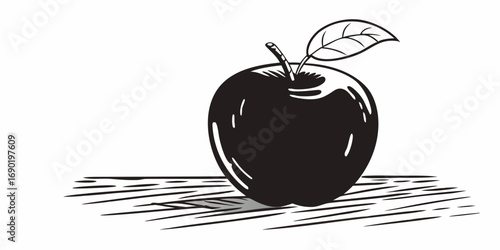 A monochrome illustration of a single apple with a leaf sitting on a striped surface design element