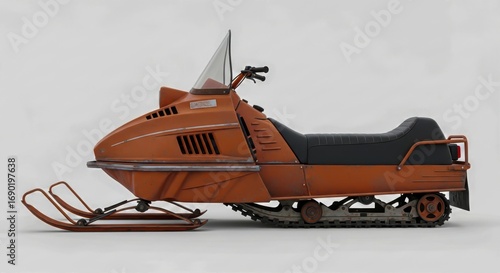 Classic Vintage Orange Snowmobile Profile View Isolated on White Background