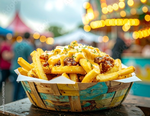 A basket overflowing with crispy french fries topped generously with melted cheese sauce and savory toppings