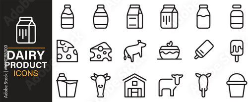 Collection of dairy product icons featuring milk bottle, yogurt cup, butter, and cream