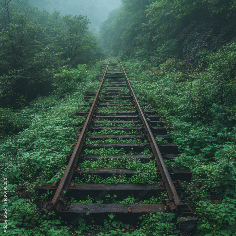 Fototapeta premium Train track cutting through dense forest.