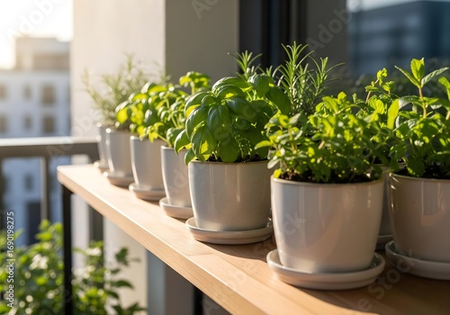 Fresh culinary herbs like basil and rosemary growing in white pots on a wooden shelf, an urban container garden on a sunny city balcony