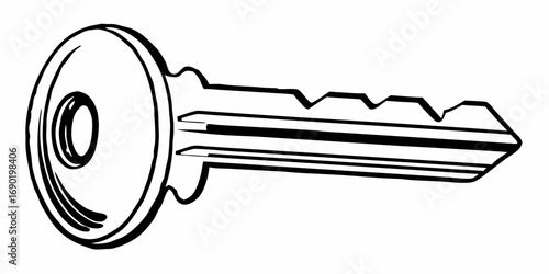 Illustration of a metal key with a circular head and grooved blade in black and white style