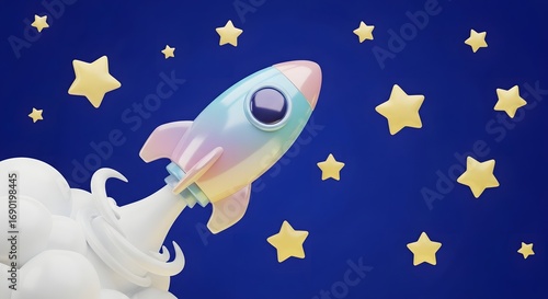 Rocket Flying with Stars on a Blue Background