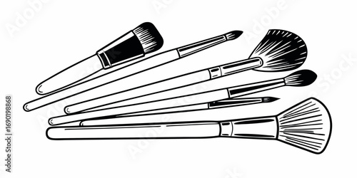 Illustration of a collection of makeup brushes with different shapes and sizes in black and white style