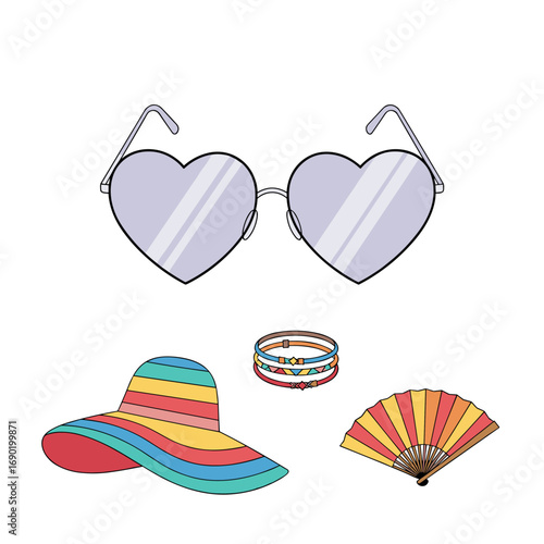 Stylish summer accessories for a fun beach vacation outfit including heart shaped sunglasses a wide brim hat and jewelry
