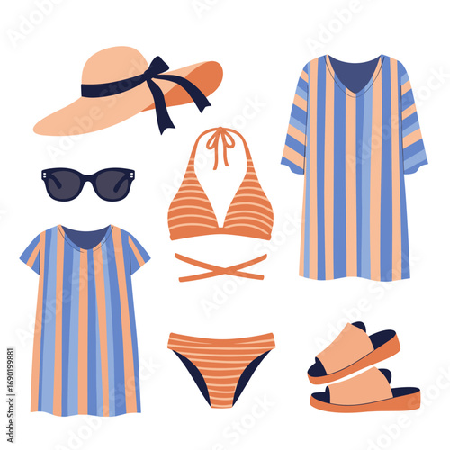 Stylish summer beachwear collection with hat bikini cover up sunglasses and sandals