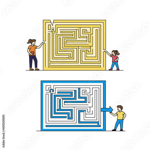 Two people solve a complex maze puzzle a challenging problem requiring careful thought and strategy