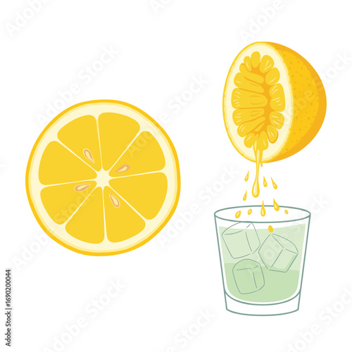 Freshly squeezed citrus juice being poured into a glass filled with ice cubes