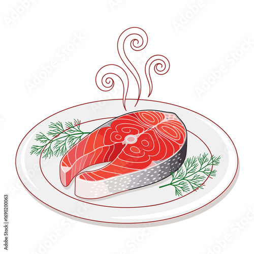 Delicious steamed salmon steak served hot on a white plate with fresh dill