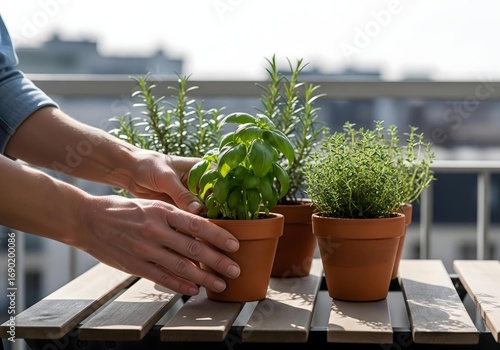 Close up of hands tending to a small container garden of fresh culinary herbs in terracotta pots on a sunny urban balcony