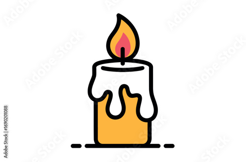 Simple graphic of a lit candle on a purple background.