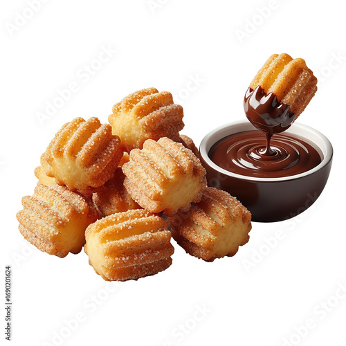 Photo of a pile of mini churros with a bowl of chocolate dipping sauce, isolated on transparent background
