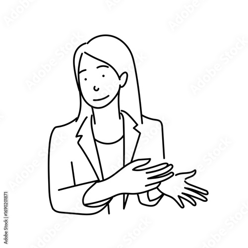 線画で表現された女性ビジネスパーソンのベクターイラスト｜プレゼンや案内をする姿をシンプルなモノクロで描いた白背景の人物素材
