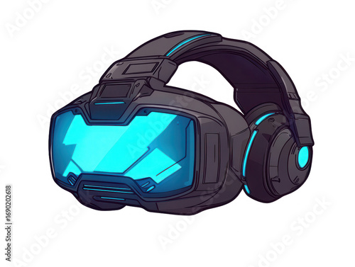 Stylized Black Vr Headset With Blue Glowing Screen And Accents On A Transparent Background Isolate