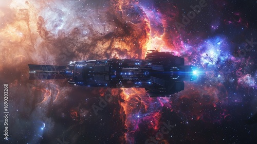 Spaceship Flying Through a Colorful Nebula