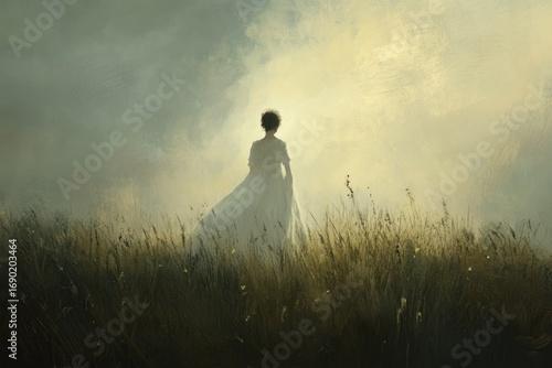 A woman in a white dress walks away into a misty field, a feeling of mystery and solitude.