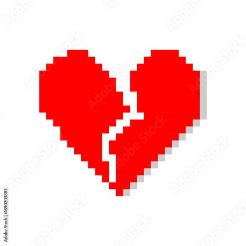 Broken pixel heart, pixelated broken red heart art vector illustration.