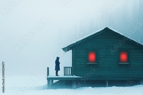 A lone figure stands on a snowy porch, gazing at a cabin with glowing red windows in a foggy winter landscape.