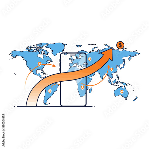 Flat vector illustration of a world map with a smartphone and digital transfer arrow. Global fintech concept for international mobile payments.