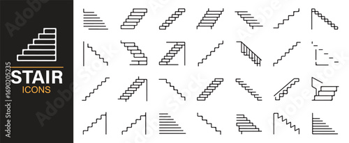 Modern line style stairway icons for construction, interior, and architecture projects