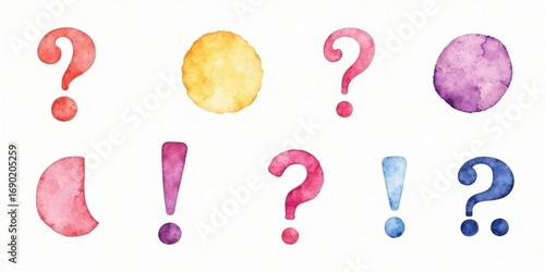 A Collection of Hand-Painted Watercolor Question Marks and Exclamation Points in Vibrant Hues