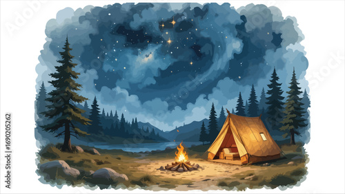 Cozy campsite with glowing tent and campfire under a starry night sky in the forest