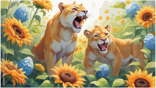 Majestic lions roaring amidst vibrant sunflowers and blue flowers nature's majesty