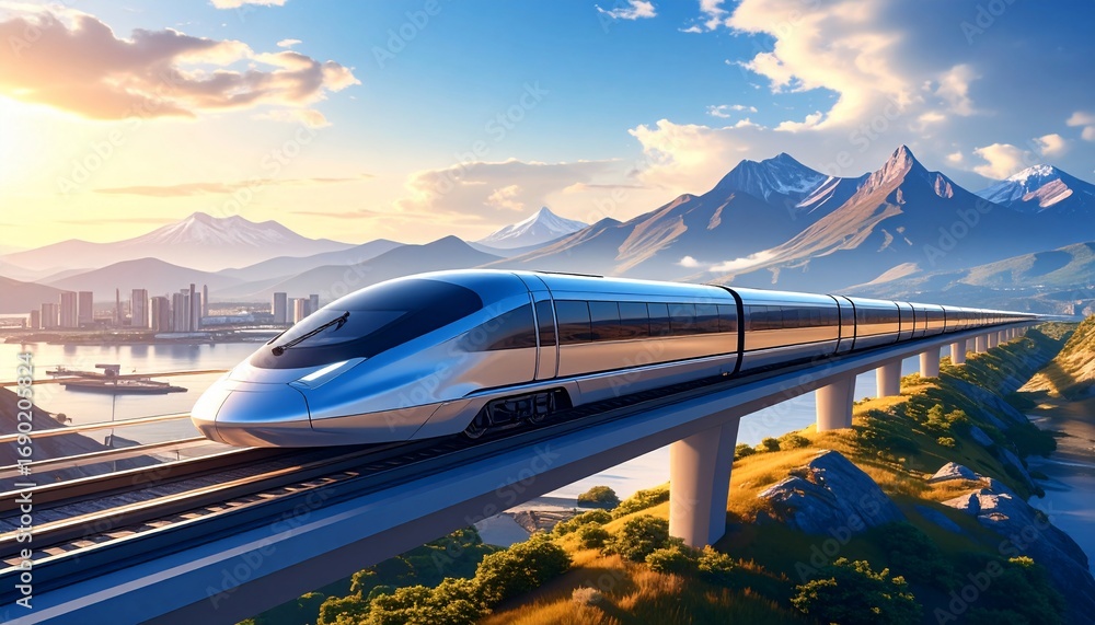 Fototapeta premium Modern high-speed train traveling across a bridge towards a mountain range at sunset