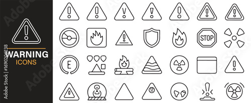 Collection of warning and alert symbols including sign, alarm, and exclamation marks