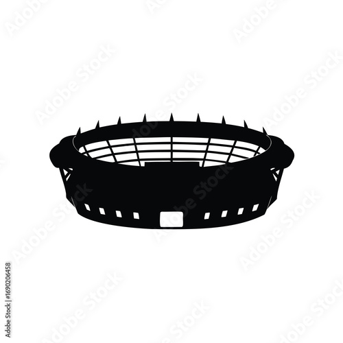 Monochrome illustration of a stadium structure with a distinctive spiked rim design, football stadium silhouette vector illustration