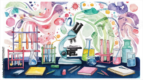 Colorful science laboratory scene with microscope test tubes and flasks