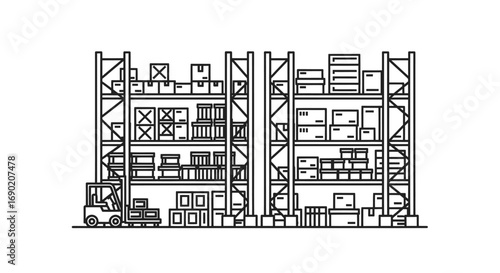 Warehouse storage facility with tall metal racks, stacked boxes, and a forklift truck line art illustration.