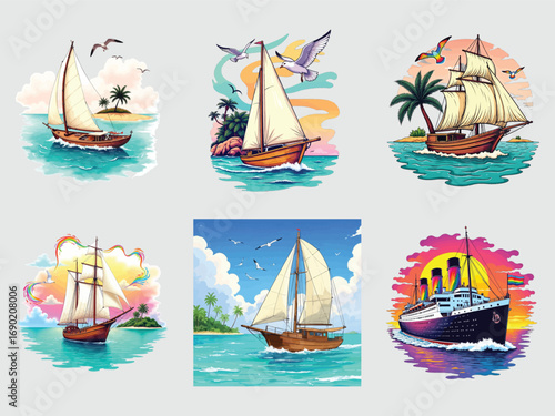Nautical montage collection of vintage sailboats and steamships on vibrant seascapes