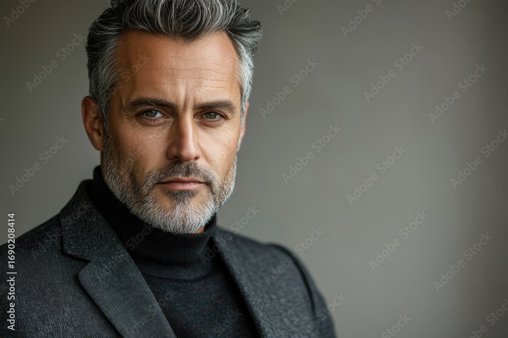 Obraz premium Close-up portrait of a stylish mature man with graying hair and beard, wearing a dark turtleneck and blazer.