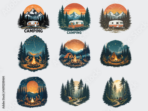 Rustic wilderness camping scenes collection featuring rvs forests and mountain sunsets