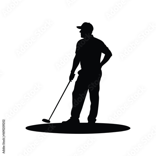 Silhouette of a golfer with a club on a circular patch of ground, golfer fairway silhouette vector illustration
