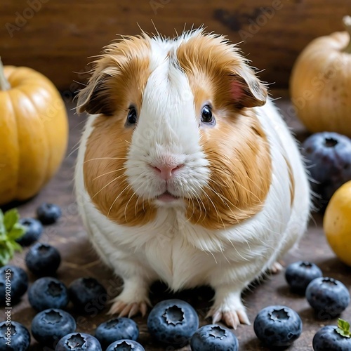 A cute American guinea pig with berries scattered around him