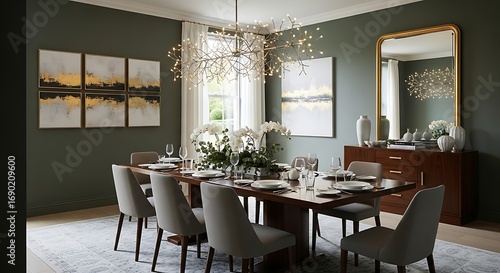 Luxurious dining room with art and chandelier.