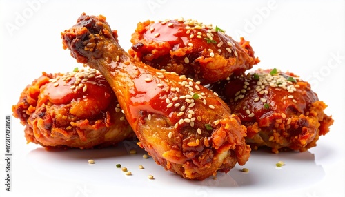 Korean Fried Chicken Drumsticks with Spicy Sauce Isolated on White Background