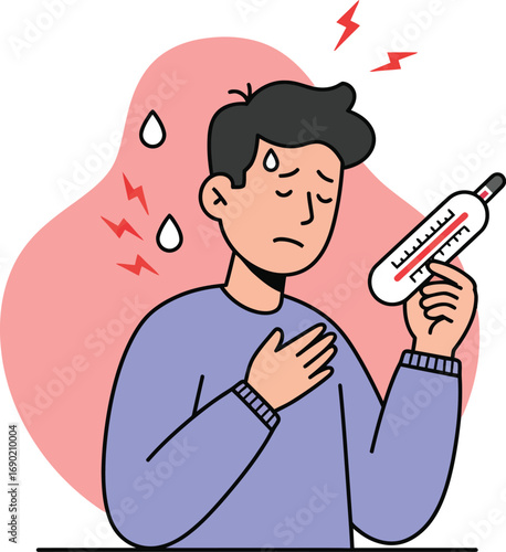 Cartoon illustration of a man feeling sick, holding a thermometer showing a high temperature, indicating fever and illness.