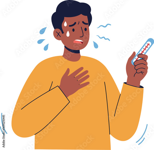 Worried man checks high temperature on thermometer, sweating profusely, feeling unwell.