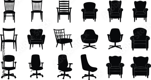 Chair silhouette vector collection, modern furniture icons, office chair design, armchair illustration, seating graphic set, home interior decoration, vintage and contemporary styles