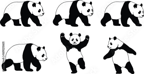 Cute panda bear silhouette vector, walking panda illustration, cartoon animal design, wildlife symbol, playful panda drawing, black and white graphic element
