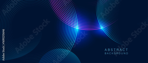 Futuristic abstract background with glowing neon lines in blue and purple tones on dark background. Ideal for tech design, AI, and cyber digital concepts.