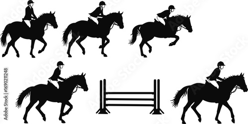 Horse riding vector illustration, equestrian sport silhouette, horse jumping graphic, rider on horse artwork, show jumping design, horseback riding competition, equestrian athlete drawing