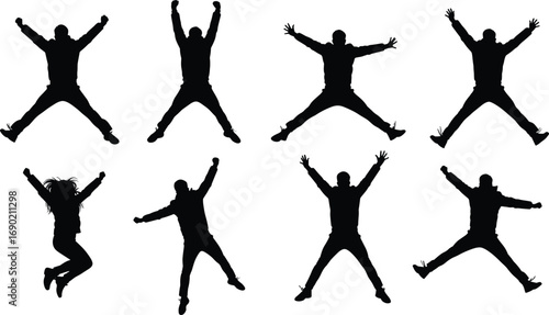Jumping people silhouette vector set, happy jumping poses, energetic movement illustration, black human figures, success celebration design, sport activity jumping vector clipart