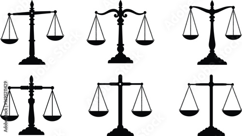 Law and justice balance scale silhouettes vector set, equality symbol illustration, legal fairness design, attorney and court icon, weighing scale clipart collection